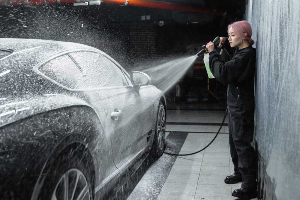An Asian woman using a pressure washer to clean a car at an indoor car wash facility.